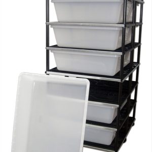 Boa Rack - 6 Levels Rack Dimensions - 34" x 42" x 76" (Width x Depth x Height) - Includes 1 Boa tub per level (6 total) Tub = 40" x 30" x 9.5"	