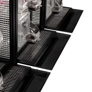 pull-out debris trays connected to an animal enclosure