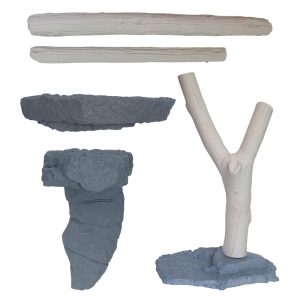 repilica rock base, y log, straigh logs, reptile ledge, and reptile shelf